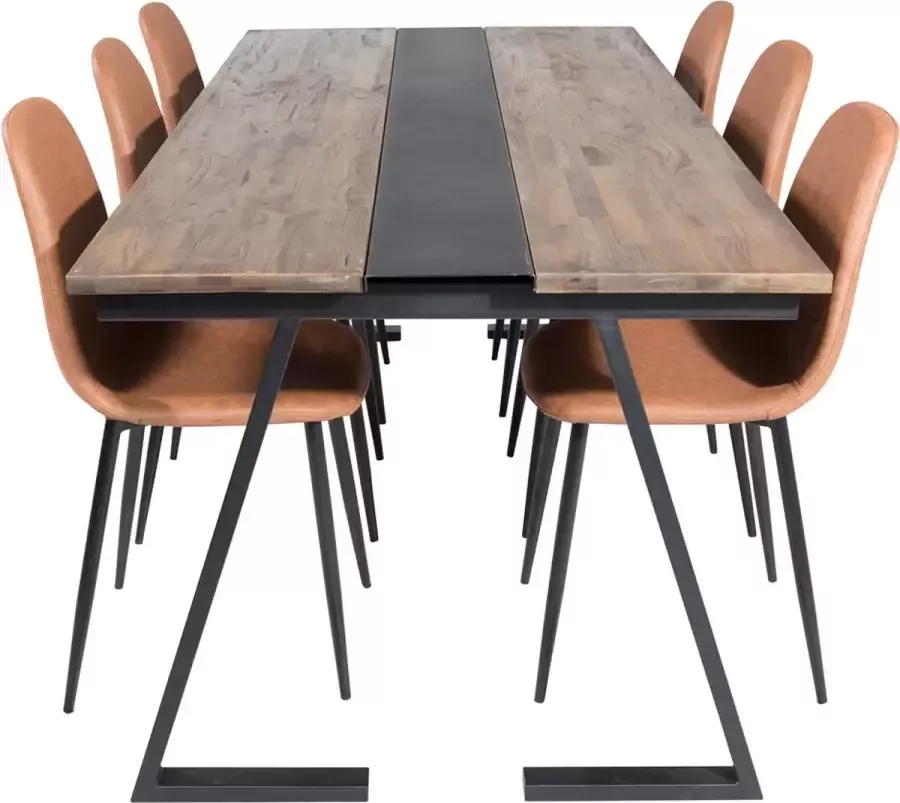 Hioshop Jakarta eethoek eetkamertafel teakhout en 6 Polar eetkamerstal PU kunstleer bruin.