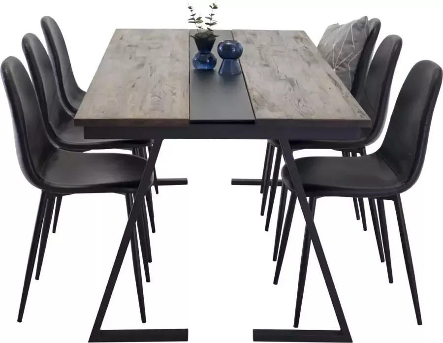 Hioshop Jakarta eethoek eetkamertafel teakhout en 6 Polar eetkamerstal PU kunstleer zwart PU kunstleer.
