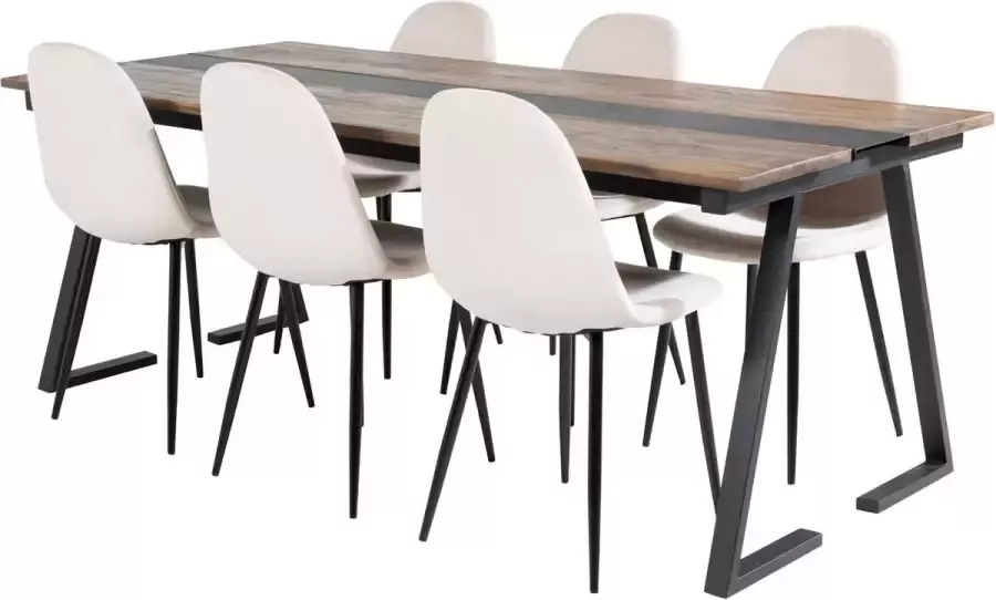 Hioshop Jakarta eethoek eetkamertafel teakhout en 6 Polar eetkamerstal velours beige.