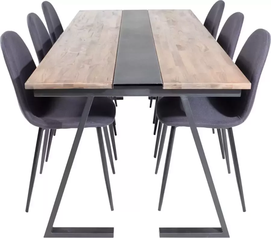 Hioshop Jakarta eethoek eetkamertafel teakhout en 6 Polar eetkamerstal zwart.