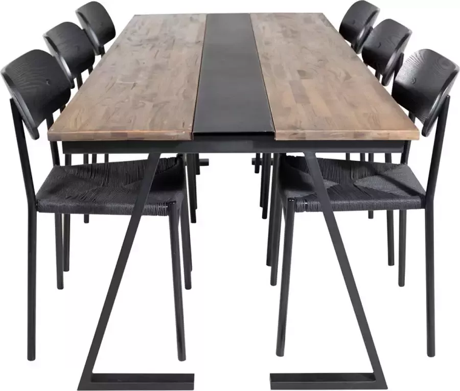 Hioshop Jakarta eethoek eetkamertafel teakhout en 6 Polly eetkamerstal zwart.