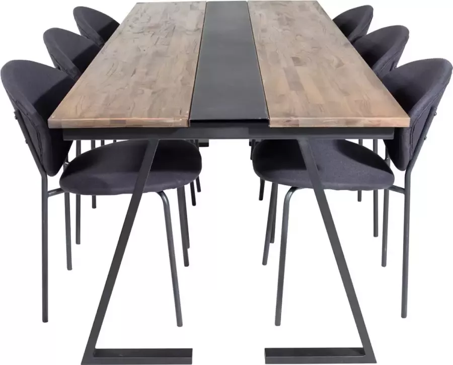Hioshop Jakarta eethoek eetkamertafel teakhout en 6 Vault eetkamerstal zwart.