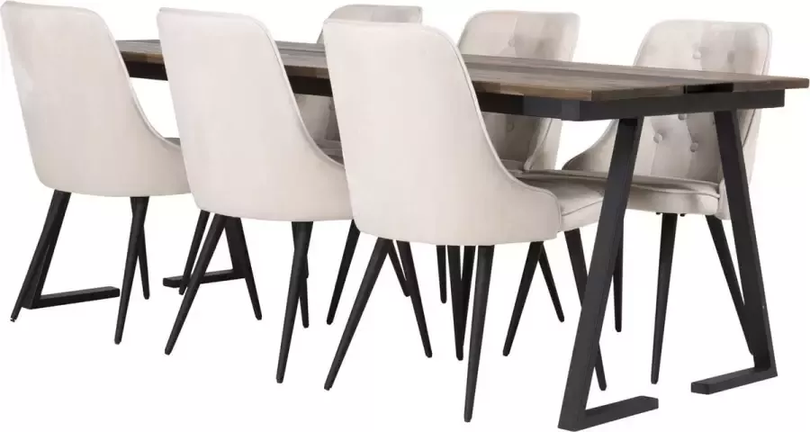 Hioshop Jakarta eethoek eetkamertafel teakhout en 6 Velvet Deluxe eetkamerstal velours beige zwart.