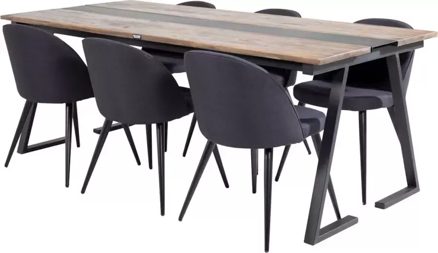 Hioshop Jakarta eethoek eetkamertafel teakhout en 6 Velvet eetkamerstal zwart.
