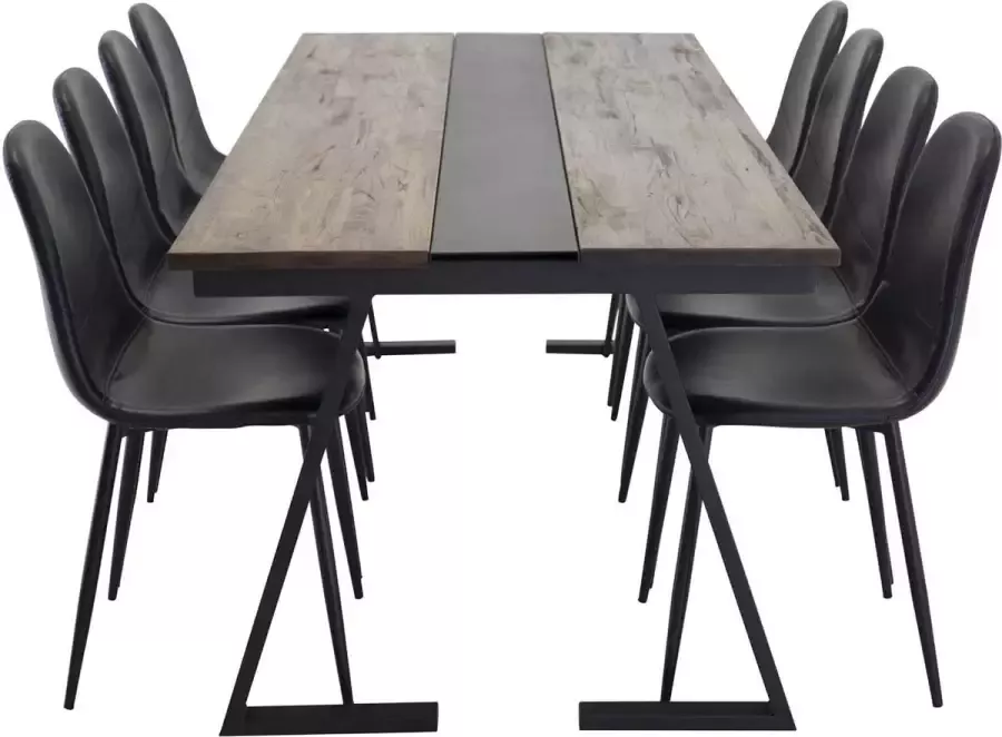 Hioshop Jakarta eethoek eetkamertafel teakhout en 8 Polar eetkamerstal PU kunstleer zwart PU kunstleer.