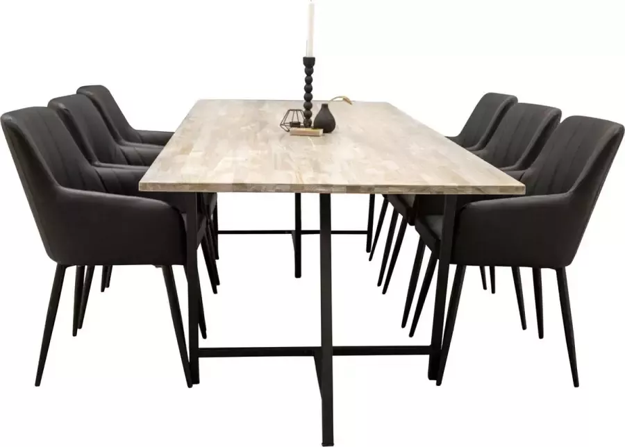 Hioshop Jepara eethoek eetkamertafel teakhout en 6 Comfort eetkamerstal PU kunstleer zwart.