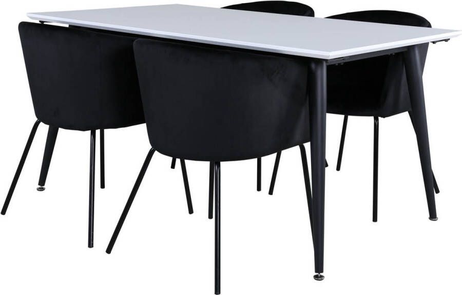 Hioshop Jimmy150 eethoek eetkamertafel uitschuifbare tafel lengte cm 150 240 wit en 4 Berit eetkamerstal velours zwart. - Foto 2