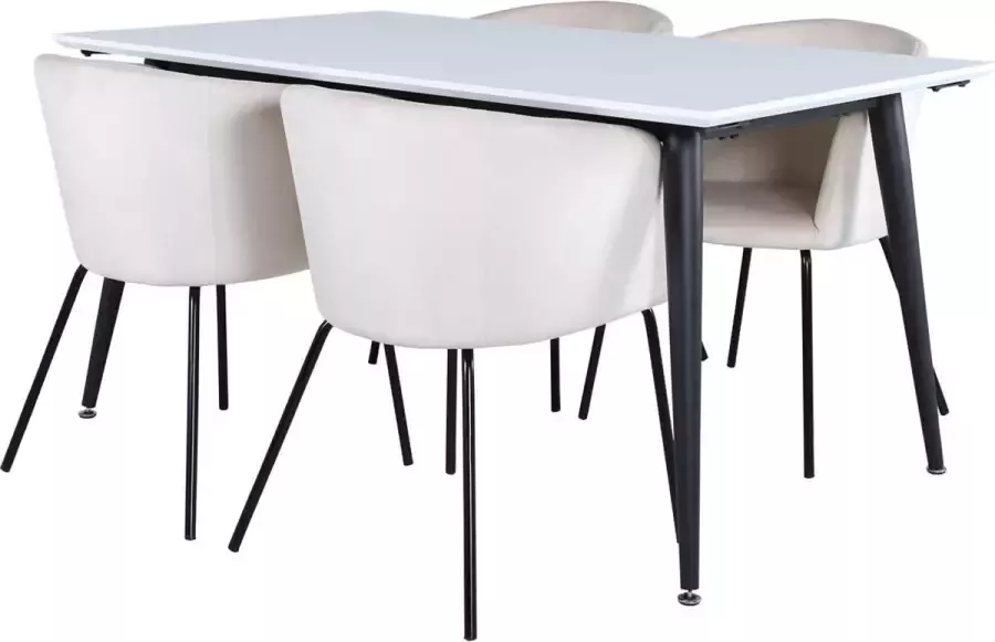 Hioshop Jimmy150 eethoek eetkamertafel uitschuifbare tafel lengte cm 150 240 wit en 4 Berit eetkamerstal velours zwart. - Foto 3