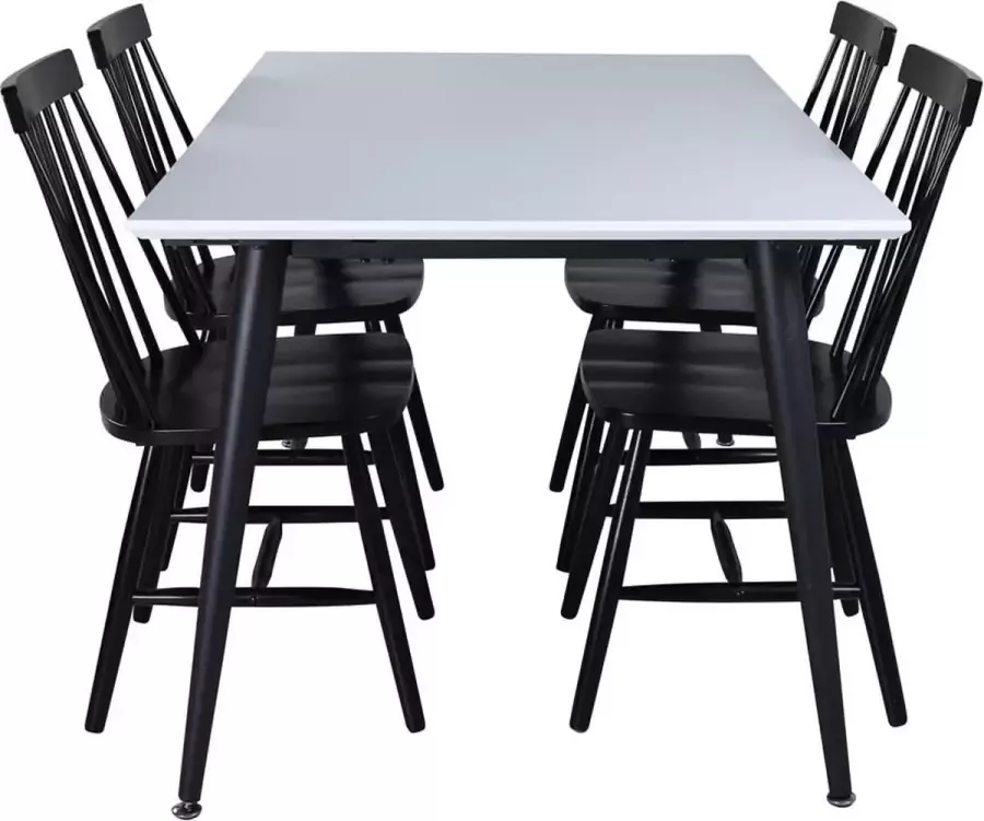 Hioshop Jimmy150 eethoek eetkamertafel uitschuifbare tafel lengte cm 150 240 wit en 4 Lönneberga eetkamerstal zwart.