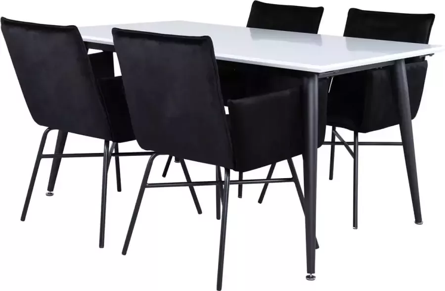 Hioshop Jimmy150 eethoek eetkamertafel uitschuifbare tafel lengte cm 150 240 wit en 4 Pippi eetkamerstal velours zwart. - Foto 1