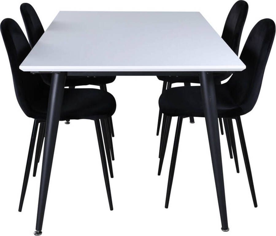 Hioshop Jimmy150 eethoek eetkamertafel uitschuifbare tafel lengte cm 150 240 wit en 4 Polar eetkamerstal zwart.