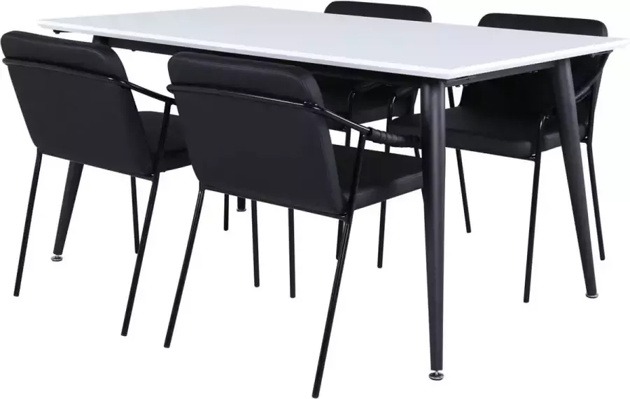 Hioshop Jimmy150 eethoek eetkamertafel uitschuifbare tafel lengte cm 150 240 wit en 4 Tvist eetkamerstal PU kunstleer zwart. - Foto 1