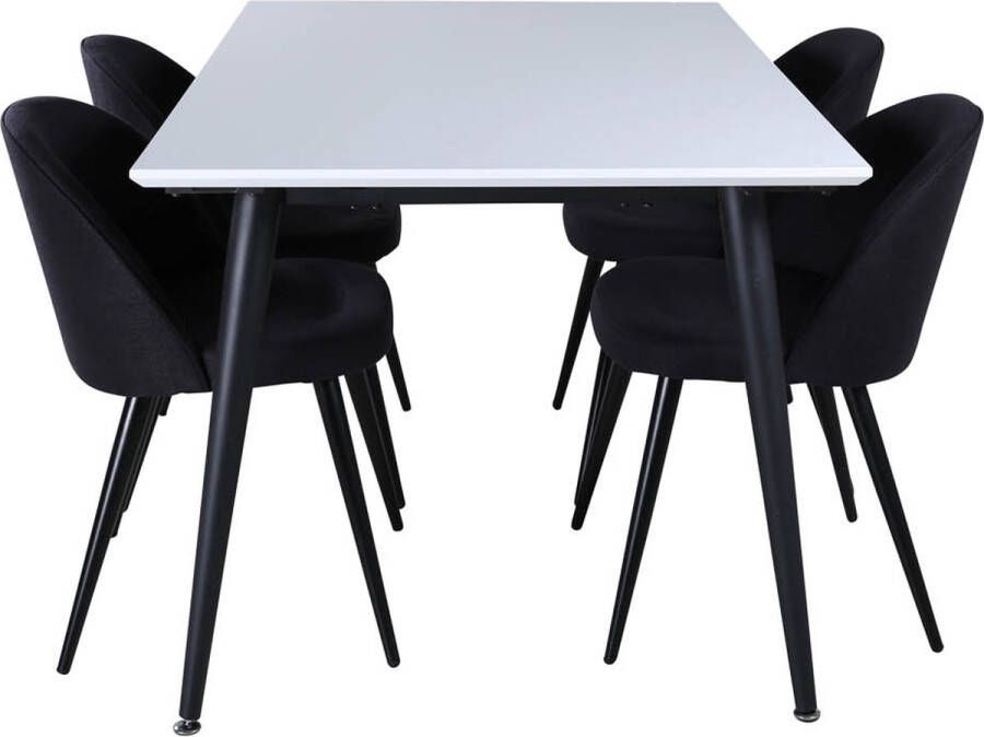 Hioshop Jimmy150 eethoek eetkamertafel uitschuifbare tafel lengte cm 150 240 wit en 4 Velvet eetkamerstal zwart. - Foto 1