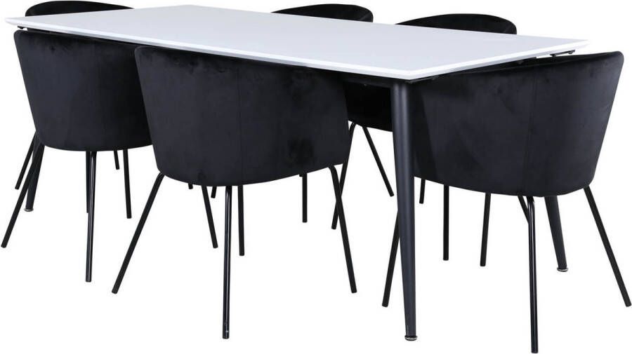 Hioshop Jimmy195 eethoek eetkamertafel uitschuifbare tafel lengte cm 195 285 wit en 6 Berit eetkamerstal velours zwart.