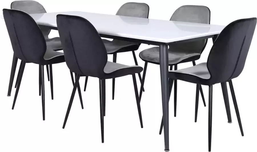 Hioshop Jimmy195 eethoek eetkamertafel uitschuifbare tafel lengte cm 195 285 wit en 6 Emma eetkamerstal velours grijs zwart.