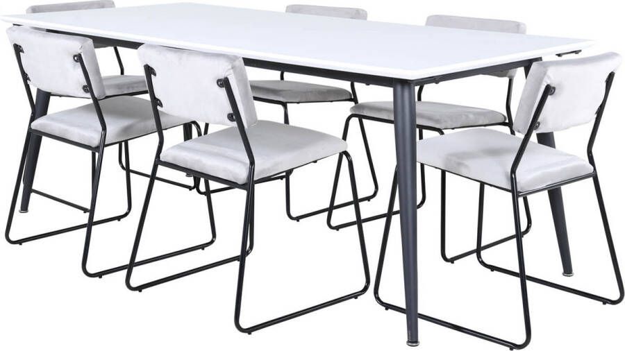 Hioshop Jimmy195 eethoek eetkamertafel uitschuifbare tafel lengte cm 195 285 wit en 6 Kenth eetkamerstal PU kunstleer zwart.
