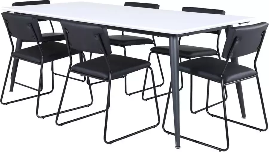 Hioshop Jimmy195 eethoek eetkamertafel uitschuifbare tafel lengte cm 195 285 wit en 6 Kenth eetkamerstal PU kunstleer zwart. - Foto 2