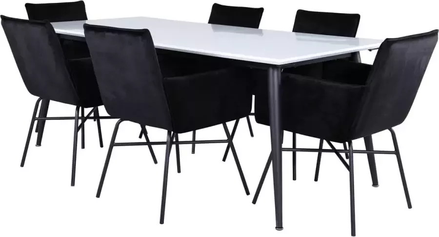 Hioshop Jimmy195 eethoek eetkamertafel uitschuifbare tafel lengte cm 195 285 wit en 6 Pippi eetkamerstal velours zwart.