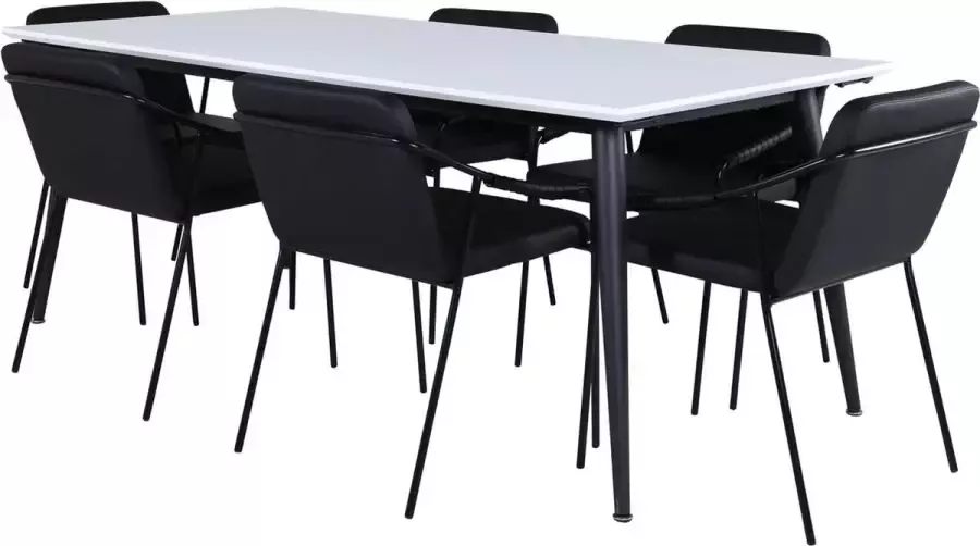 Hioshop Jimmy195 eethoek eetkamertafel uitschuifbare tafel lengte cm 195 285 wit en 6 Tvist eetkamerstal PU kunstleer zwart.