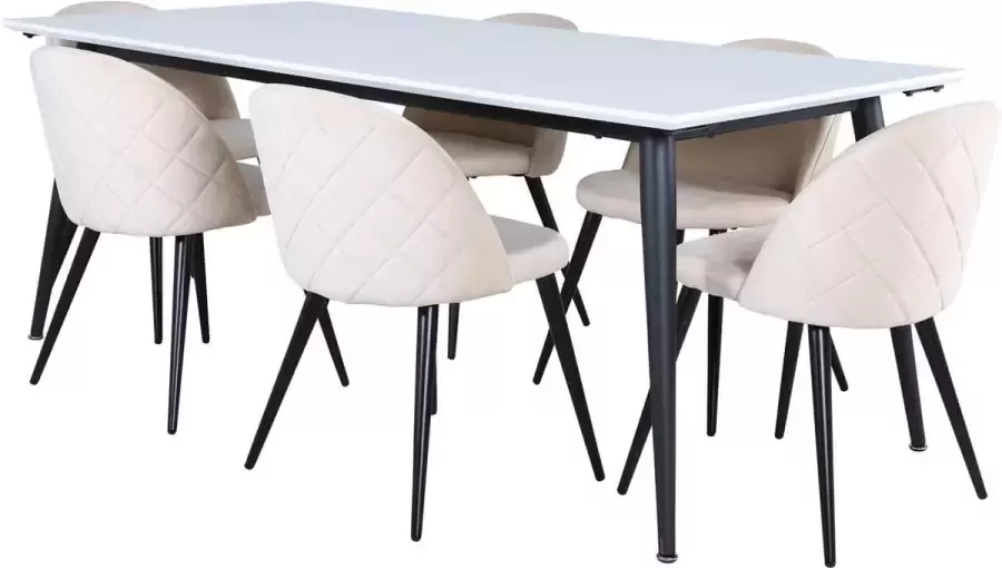 Hioshop Jimmy195 eethoek eetkamertafel uitschuifbare tafel lengte cm 195 285 wit en 6 Velvet Stitches eetkamerstal grijs.