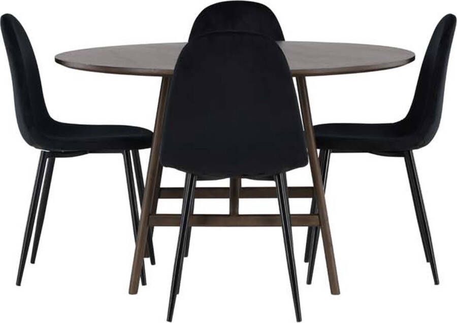 Hioshop Kaseindon eethoek tafel bruin en 4 Polar stoelen zwart.