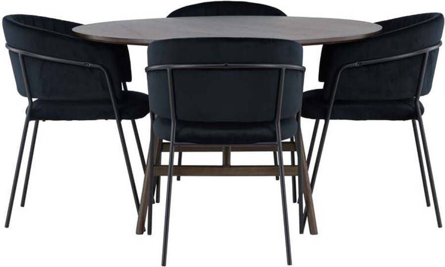 Hioshop Kaseindon eethoek tafel bruin en 4 Selma stoelen zwart.