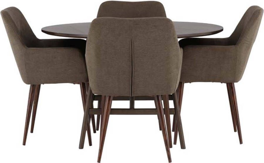 Hioshop Kaseindon eethoek tafel bruin en 4 Tomorrow stoelen bruin.