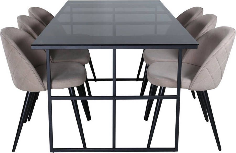 Hioshop Leif eethoek eetkamertafel rokerig glas en 6 Velvet Stitches eetkamerstal beige. - Foto 1