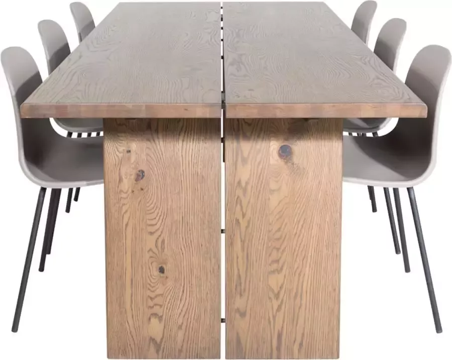 Hioshop Logger eethoek eetkamertafel uitschuifbare tafel lengte cm 210 310 rokerig eik en 6 Arctic eetkamerstal khaki zwart.