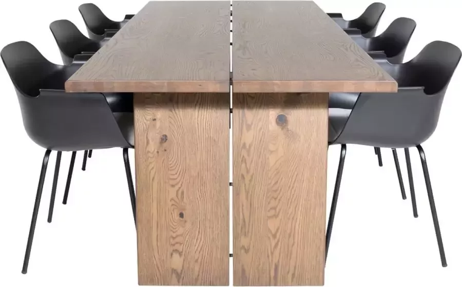 Hioshop Logger eethoek eetkamertafel uitschuifbare tafel lengte cm 210 310 rokerig eik en 6 Comfort eetkamerstal zwart