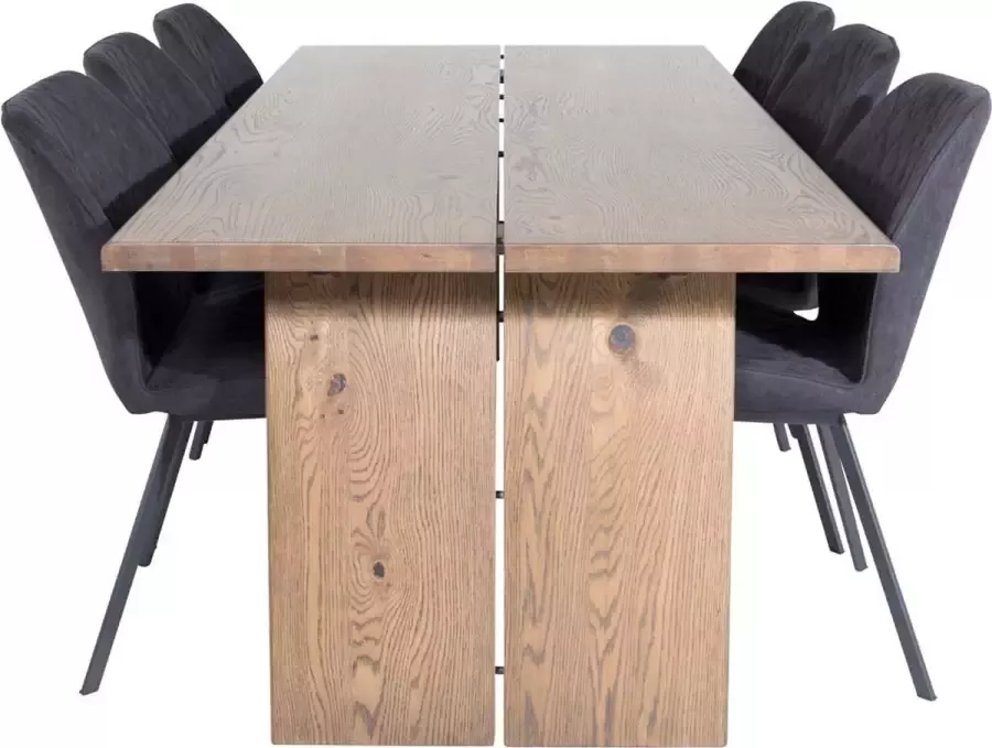 Hioshop Logger eethoek eetkamertafel uitschuifbare tafel lengte cm 210 310 rokerig eik en 6 Gemma eetkamerstal zwart.