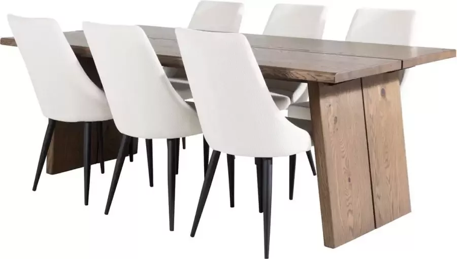 Hioshop Logger eethoek eetkamertafel uitschuifbare tafel lengte cm 210 310 rokerig eik en 6 Leone eetkamerstal fluweel wit zwart