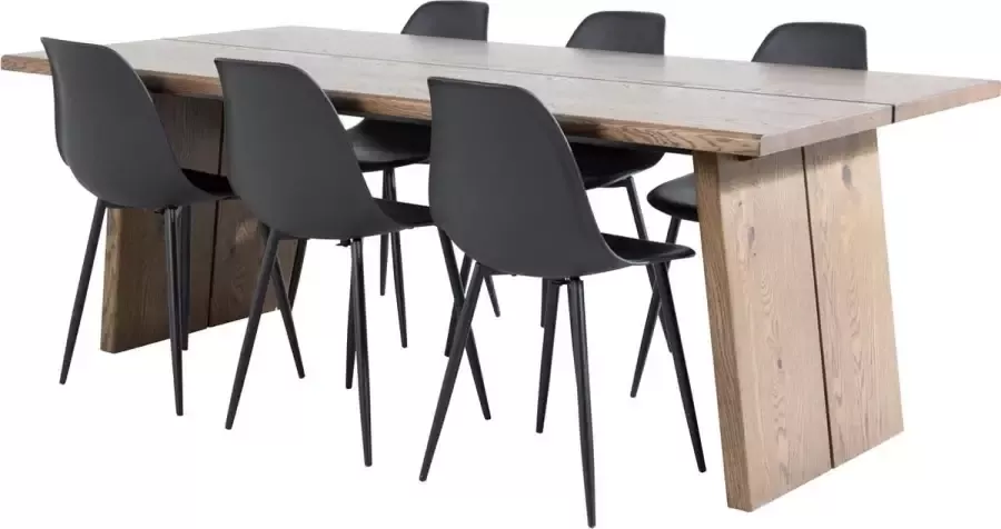 Hioshop Logger eethoek eetkamertafel uitschuifbare tafel lengte cm 210 310 rokerig eik en 6 Polar eetkamerstal PU kunstleer zwart PU kunstleer