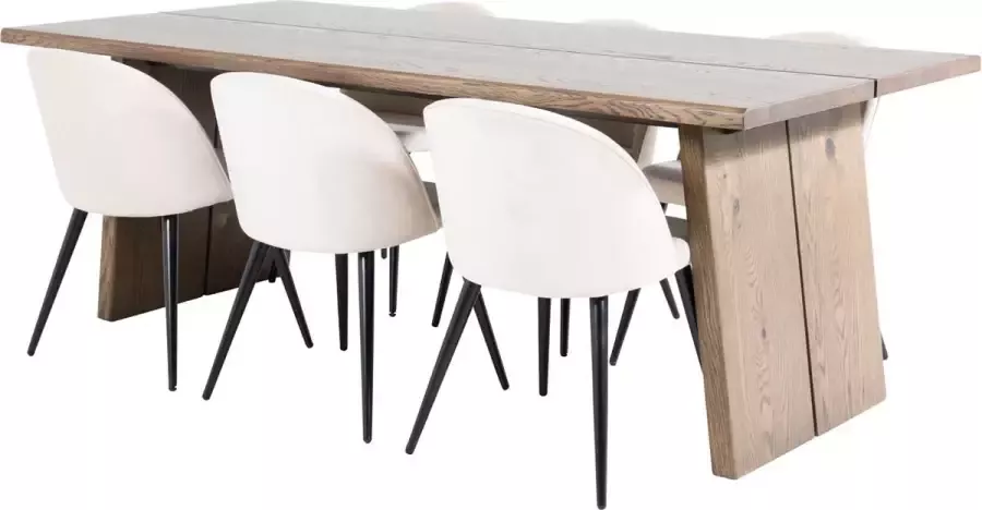 Hioshop Logger eethoek eetkamertafel uitschuifbare tafel lengte cm 210 310 rokerig eik en 6 Velvet eetkamerstal fluweel beige zwart