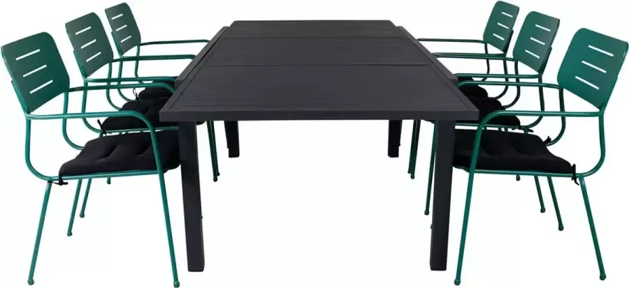 Hioshop Marbella tuinmeubelset tafel 100x160 240cm en 6 stoel armleuningG Nicke groen zwart