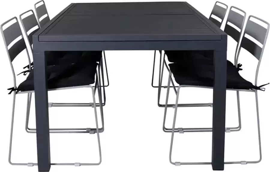 Hioshop Marbella tuinmeubelset tafel 100x160 240cm en 6 stoel Lina grijs zwart