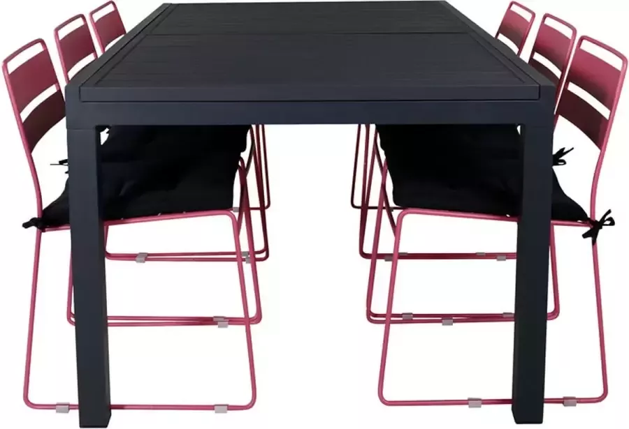 Hioshop Marbella tuinmeubelset tafel 100x160 240cm en 6 stoel Lina roze zwart
