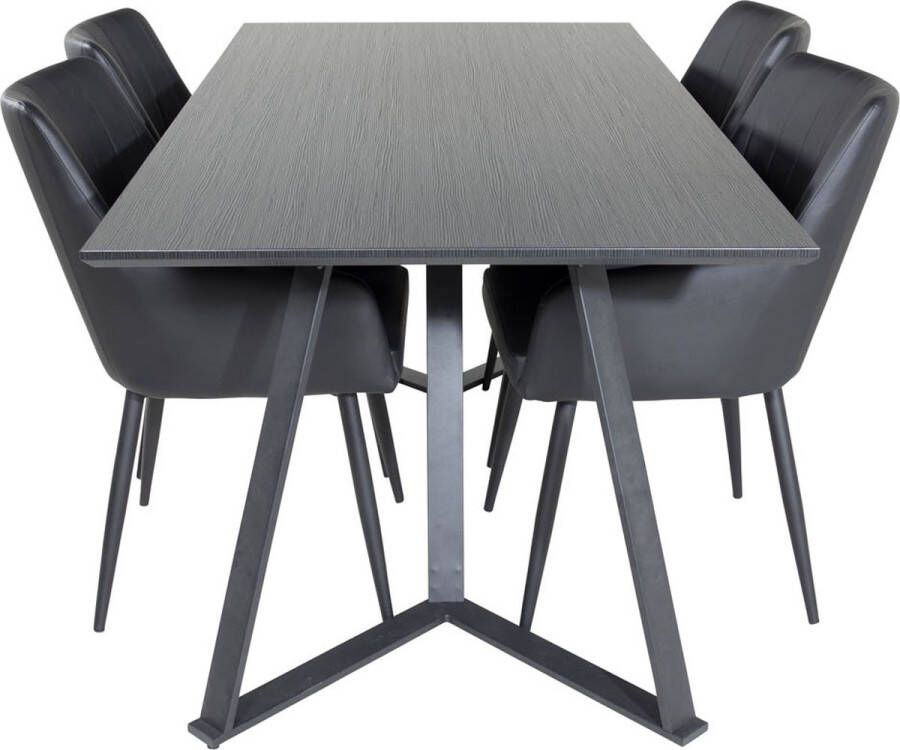 Hioshop MarinaBLBL eethoek eetkamertafel zwart en 4 Comfort eetkamerstal PU kunstleer zwart.