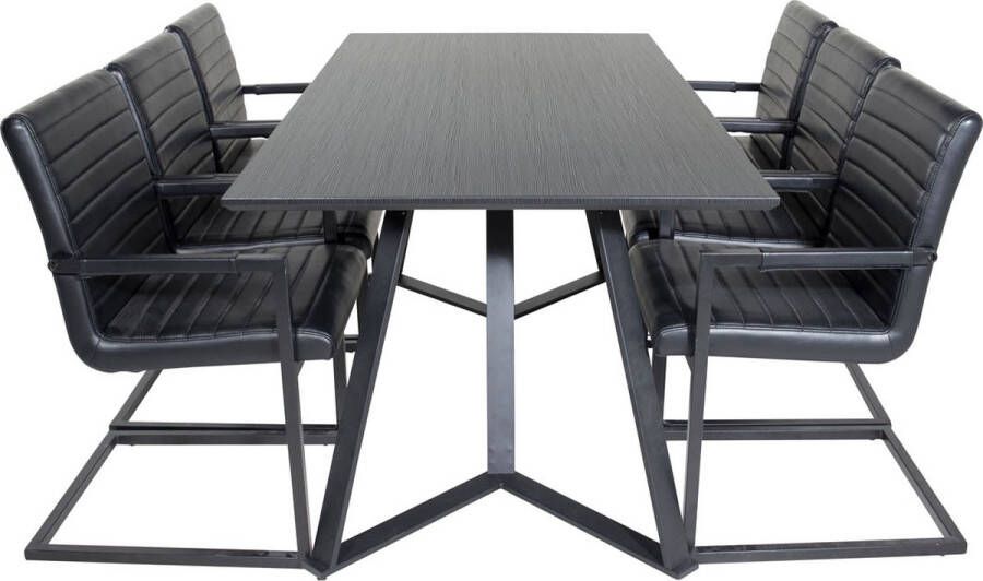 Hioshop MarinaBLBL eethoek eetkamertafel zwart en 6 Art eetkamerstal PU kunstleer zwart. - Foto 1