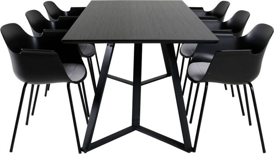 Hioshop MarinaBLBL eethoek eetkamertafel zwart en 6 Comfort eetkamerstal zwart.