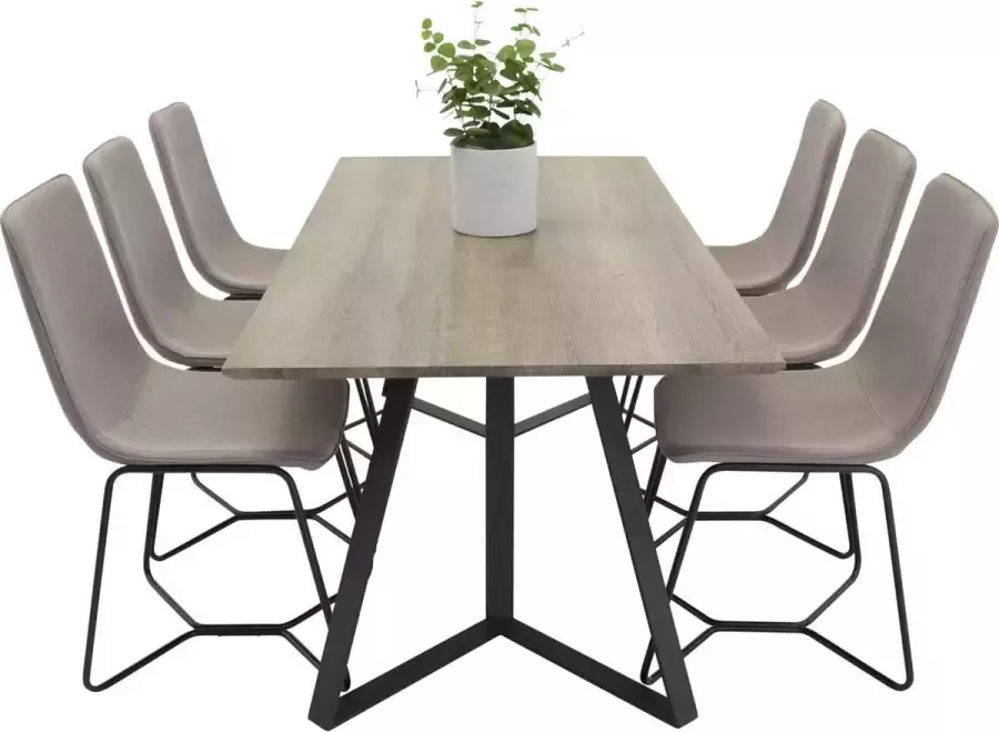 Hioshop MarinaGRBL eethoek eetkamertafel el hout decor grijs en 6 X-chair eetkamerstal grijs.