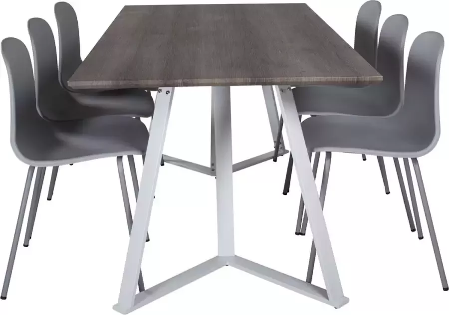 Hioshop MarinaGRWH eethoek eetkamertafel grijs en 6 Arctic eetkamerstal grijs.