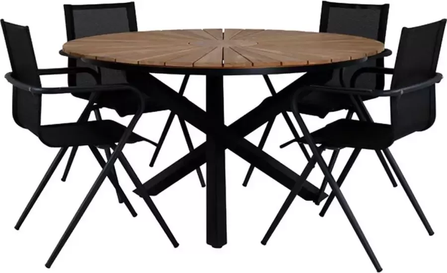 Hioshop Mexico tuinmeubelset tafel Ø140cm en 4 stoel Alina zwart naturel