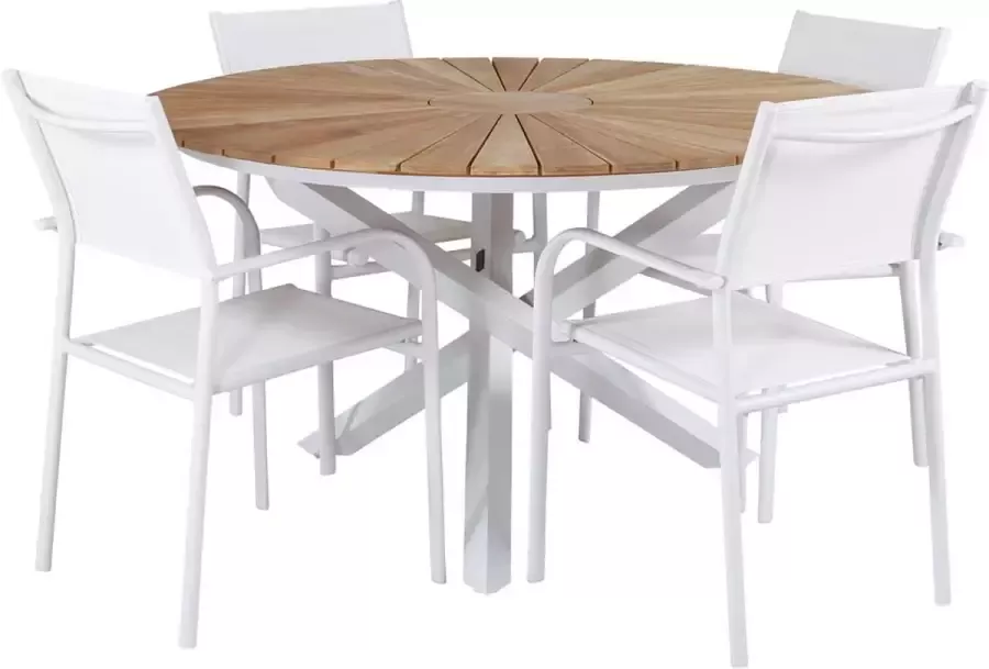 Hioshop Mexico tuinmeubelset tafel Ø140cm en 4 stoel Santorini wit naturel