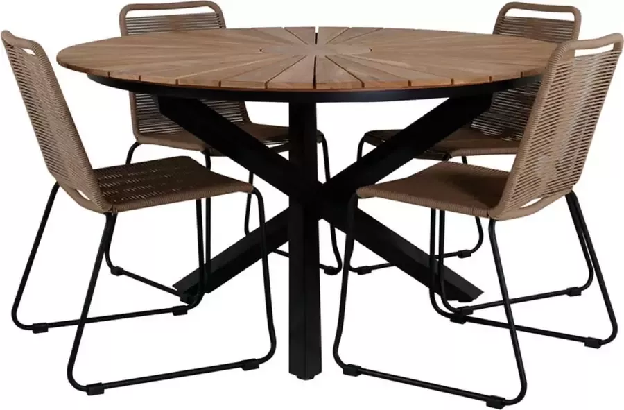 Hioshop Mexico tuinmeubelset tafel Ø140cm en 4 stoel stapelL Lindos zwart naturel