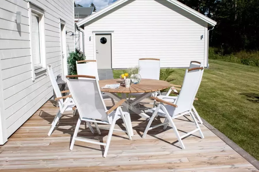 Hioshop Mexico tuinmeubelset tafel Ø140cm en 6 stoel Panama naturel wit