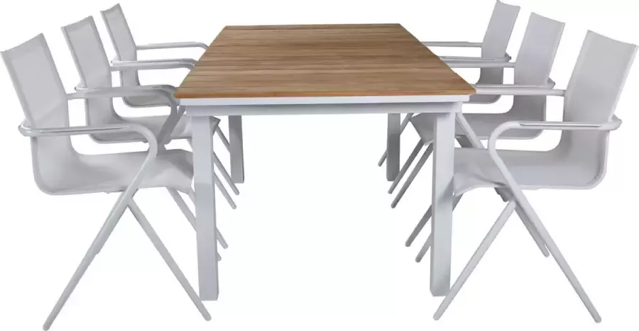 Hioshop Mexico tuinmeubelset tafel 90x180 240cm en 6 stoel Alina wit naturel