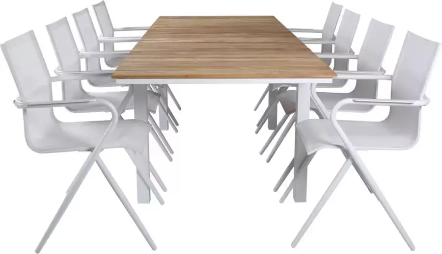 Hioshop Mexico tuinmeubelset tafel 90x180 240cm en 8 stoel Alina wit naturel