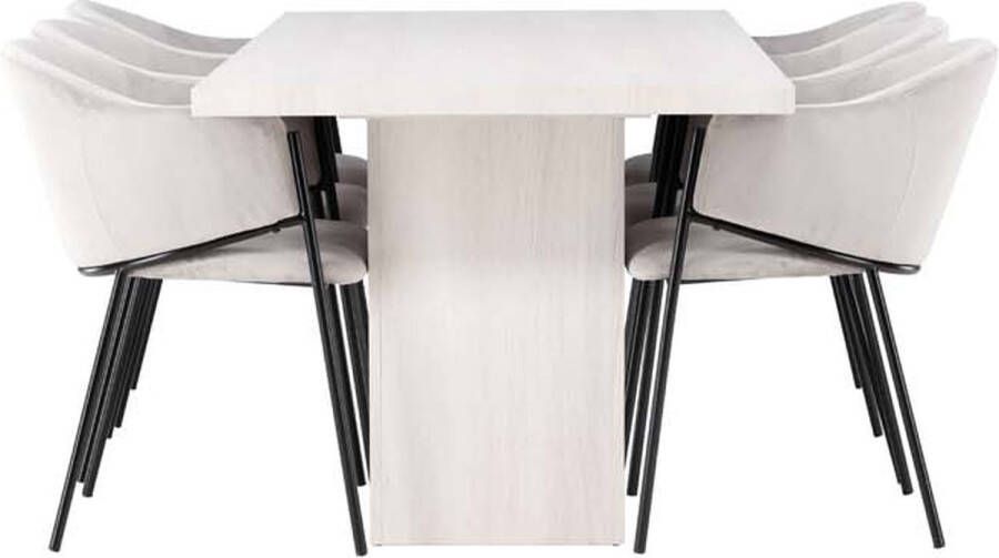 Hioshop Olga eethoek tafel wit en 6 Evelina stoelen grijs.