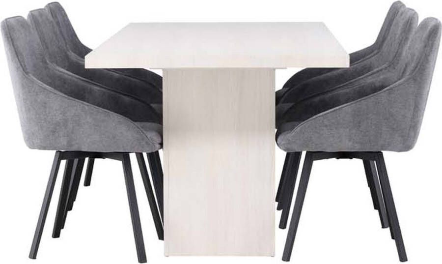 Hioshop Olga eethoek tafel wit en 6 Rosie stoelen grijs.